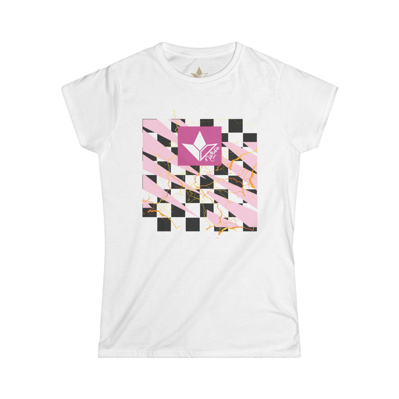 Illuminous Pink Lightning Checkered Short Sleeve T-Shirt w Aloe Pink Sq.(Womens)